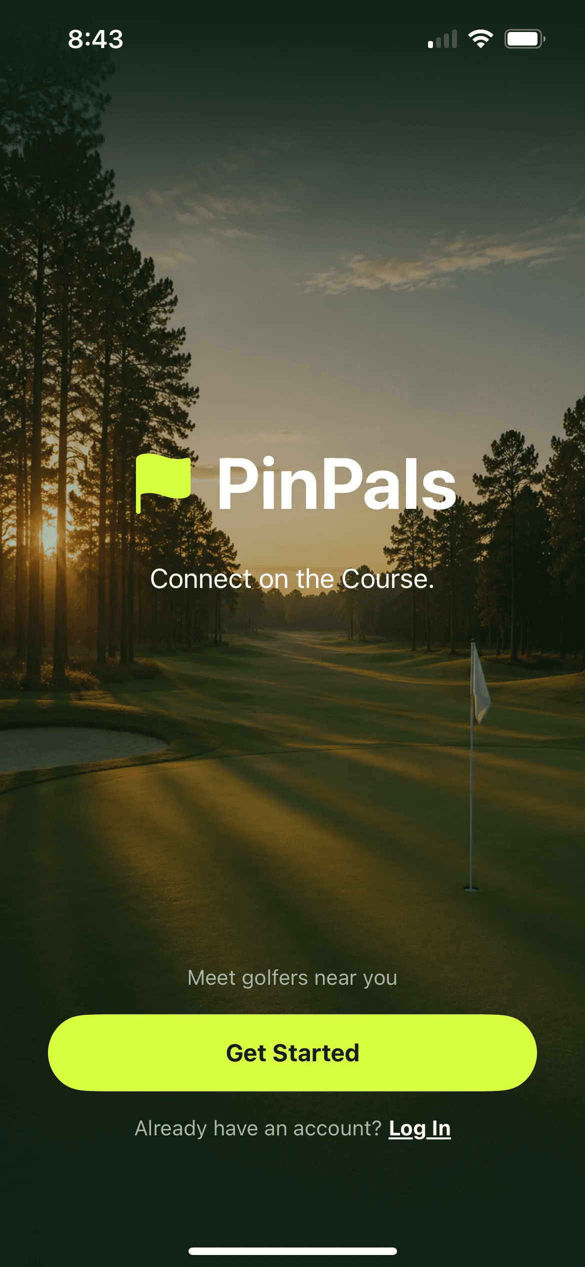 PinPals iPhone welcome screen — Connect on the Course